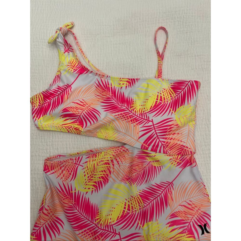 Hurley Girls Asymmetric Cutout Tropical Palm One-Piece Swimsuit Sail Size Small - Picture 3 of 7